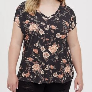 Torrid Black and Pink Floral V-Neck Tee
